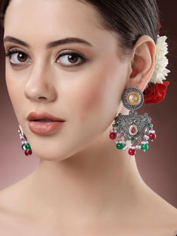 Karatcart - Oxidised Silver and Gold Plated Red and Green Beads Dangler Earrings for Women