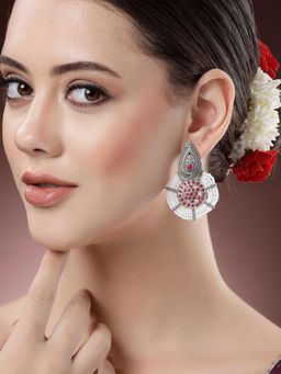 Karatcart - Oxidised Silver Drop Shape Red Stone Earrings for Women