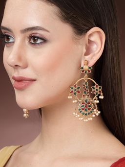 Karatcart - Gold Plated Floral Design Red and Green Kundan Dangler Earrings for Women