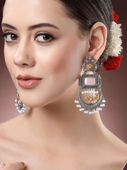 Karatcart - Oxidised Silver and Gold Plated Pink Stone Drop Earrings for Women