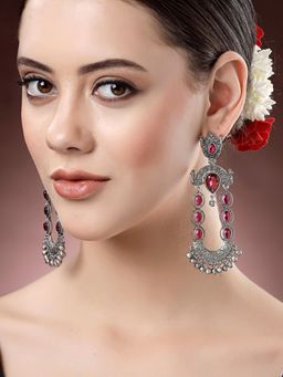 Karatcart - Oxidised Silver Red Stone Dangler Earrings for Women
