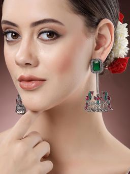 Karatcart - Oxidised Silver Green Stone Peacock Design Dangler Earrings for Women