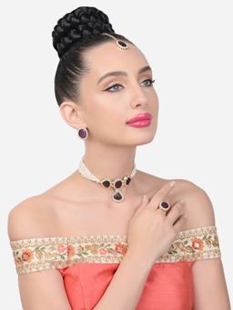 Zaveri Pearls - Purple Multistrand Choker Necklace Earring Maangtikka Ring-ZPFK15453