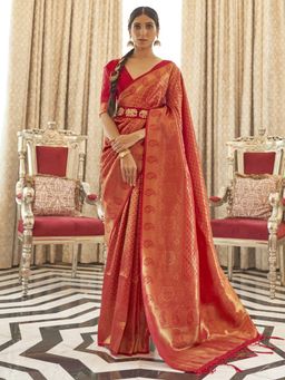 Akhilam - Women Silk Blend Red Woven Design Handloom Saree with Blouse Piece