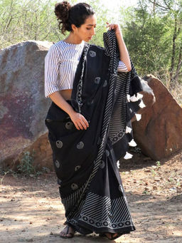 Chidiyaa - Black Moon Hand Blockprinted Cotton Saree