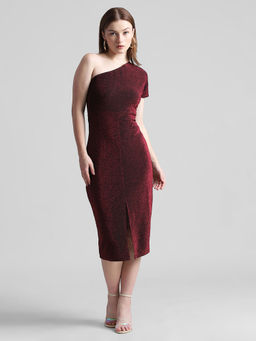 ONLY - Maroon Shimmer One Shoulder Dress