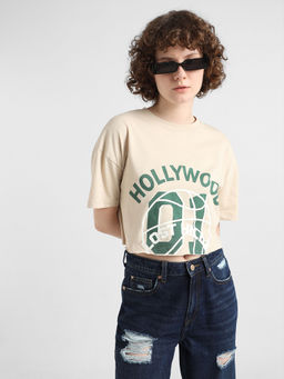 ONLY - Beige Printed Boxy Fit T-Shirt