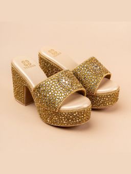 VANSON - Embellished Gold Block Heel Sandal