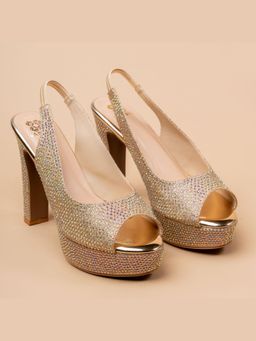 VANSON - Celestine Gold Embellished Block Heel Sandal
