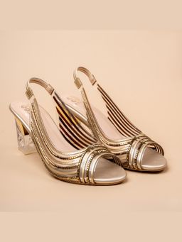 VANSON - Glam Dash Embellished Gold Block Heel Sandal