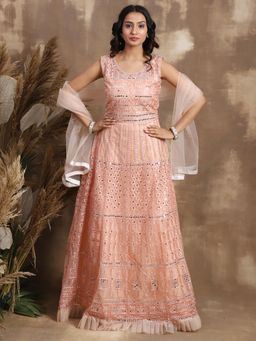 Chhabra 555 - Peach Embroidered Kalidar Dress with Dupatta (Set of 2)