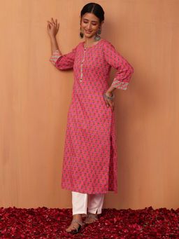 Indya - Pink Floral Boota Print Cotton Straight Kurta
