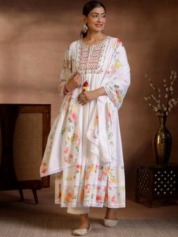 Libas - Womens White Anarkali Kurta with Pant and Dupatta (Set of 3)