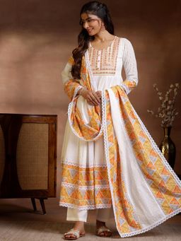 Libas - Womens White Anarkali Kurta with Palazzo and Dupatta (Set of 3)