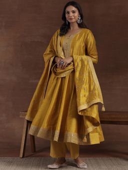 Libas - Womens Yellow Anarkali Kurta with Pant and Dupatta (Set of 3)