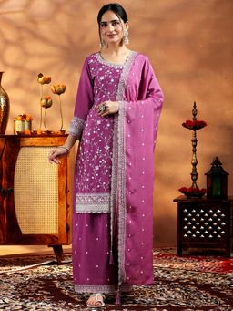 Libas - Womens Purple Kurta with Palazzo and Dupatta (Set of 3)