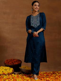 Libas - Womens Navy Blue Kurta with Pant (Set of 2)