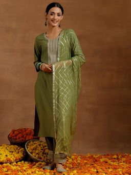 Libas - Womens Green Kurta with Salwar and Pant Dupatta (Set of 3)