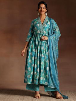 Libas - Womens Blue Anarkali Kurta with Palazzo and Dupatta (Set of 3)