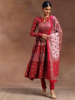 Libas - Womens Pink Anarkali Kurta with Churidar and Pant Dupatta (Set of 3)