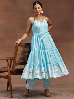 Libas - Womens Blue Anarkali Kurta with Pant (Set of 2)