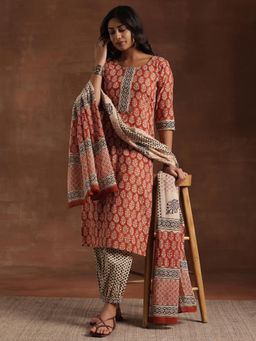 Libas - Womens Rust Kurta with Salwar and Pant Dupatta (Set of 3)