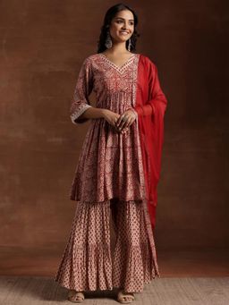 Libas - Womens Red Anarkali Kurta with Sharara and Dupatta (Set of 3)
