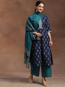 Libas - Womens Navy Blue Kurta with Palazzo and Dupatta (Set of 3)