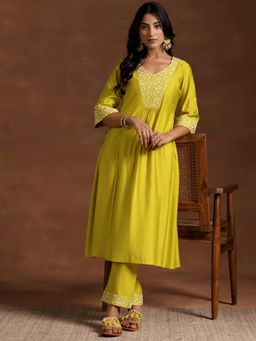 Libas - Womens Yellow Anarkali Kurta with Pant (Set of 2)