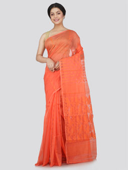 PinkLoom - Womens Soft Cotton Blend Jamdani Saree without Blouse -Orange