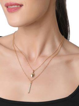 Lilly & Sparkle - Gold Toned Two Layered Necklace With Oval And Crystal Studed Bar Charm