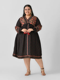 Rustorange - Black Printed V Neck Dress