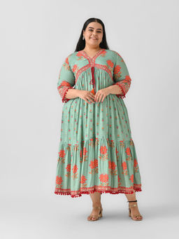 Rustorange - Green V Neck Tiered Dress with Pompom Detailing