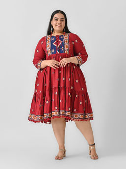 Rustorange - Maroon Abstract Print Tiered Dress with Tie Up Detail