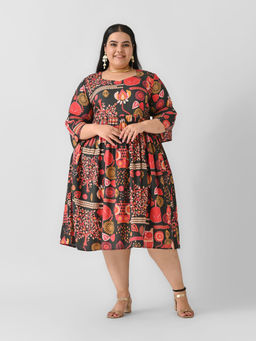 Rustorange - Emerald Black Geometrical Flared Dress