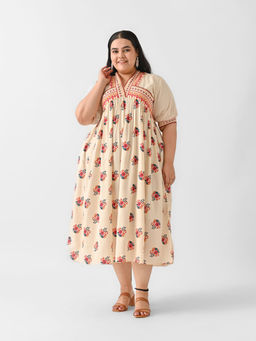 Rustorange - Beige V Neck Gathered Midi Dress