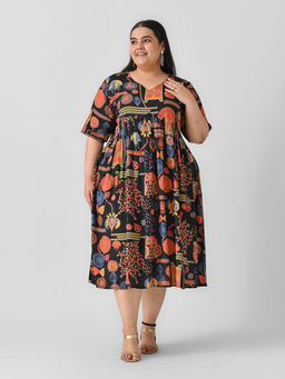 Rustorange - Black Abstract Print Flared Dress
