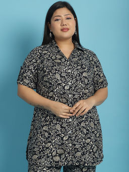 theRebelinme - Plus Size Womens Black Batik Floral Printed Casual Shirt
