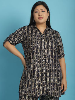 theRebelinme - Plus Size Womens Navy Gold Floral Printed Casual Shirt