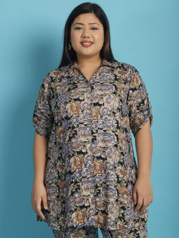 theRebelinme - Plus Size Womens Navy Rose Floral Printed Casual Shirt