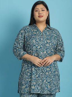 theRebelinme - Plus Size Womens Teal Batik Printed Casual Shirt
