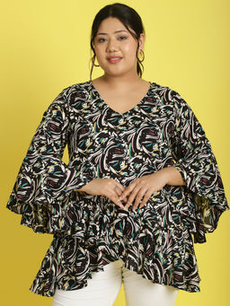 theRebelinme - Plus Size Womens Black Abstract Printed Ruffles Top