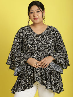 theRebelinme - Plus Size Womens Black Floral Batik Printed Ruffles Top