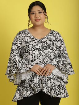 theRebelinme - Plus Size Womens Black White Floral Printed Ruffles Top