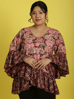 theRebelinme - Plus Size Womens Maroon Rose Floral Printed Ruffles Top