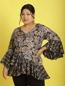 theRebelinme - Plus Size Womens Navy Rose Floral Printed Ruffles Top