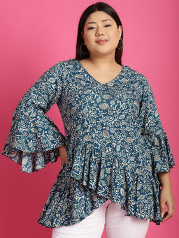 theRebelinme - Plus Size Womens Teal Floral Batik Printed Ruffles Top