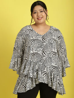 theRebelinme - Plus Size Womens Black & White Zebra Printed Ruffles Top