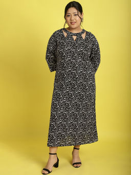 theRebelinme - Plus Size Womens Black Small Floral Printed A-Line Midi Dress