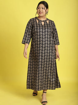 theRebelinme - Plus Size Womens Navy Gold Floral Printed A-Line Midi Dress